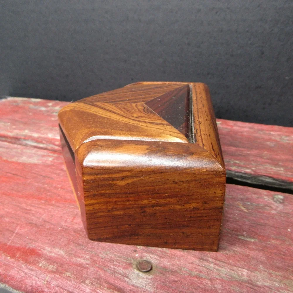 Vintage Geometric Wood Trinket Box Dark Light Brown Octagon Shape Felt Lined